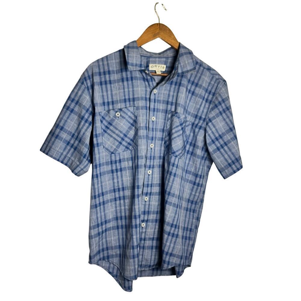 Orvis Blue plaid short sleeve button up shirt-Size L